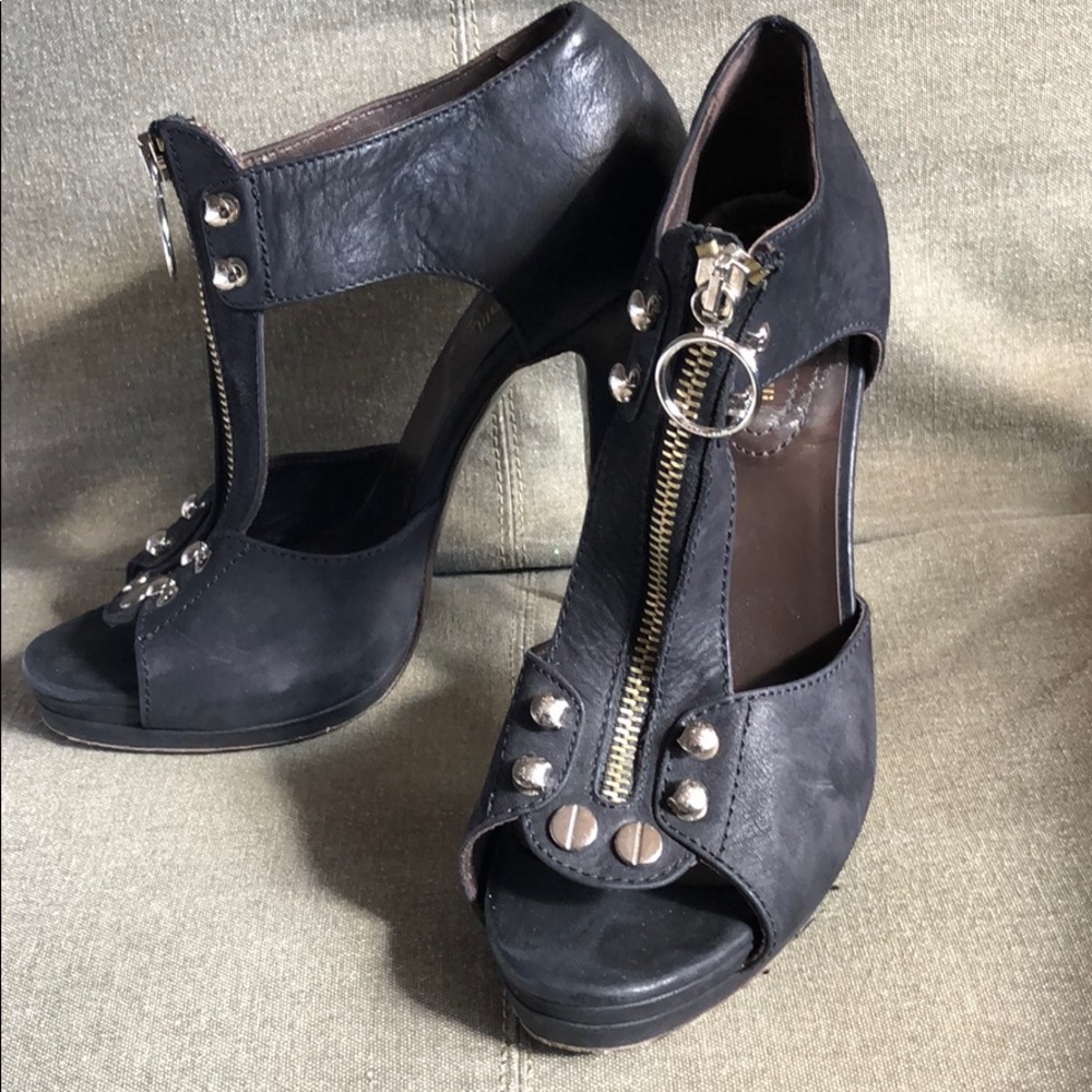 R Cavalli open toe bootie heals suede